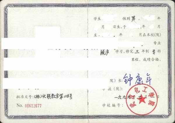 武汉化工学院1999年大专毕业证样本图