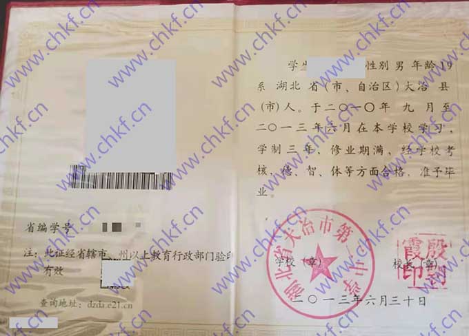 湖北省大冶市第二中学2013年高中毕业证样本
