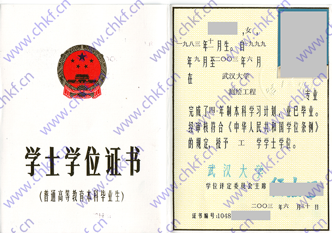 武汉大学2019年毕业证2003年学士学位证样本