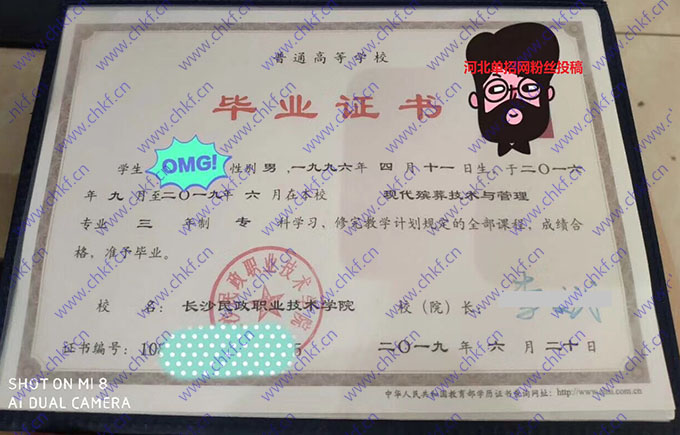 长沙民政职业技术学院毕业证样本图片-东升学历咨询