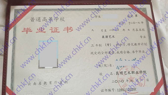 昆明艺术职业学院2020年大专毕业证样本
