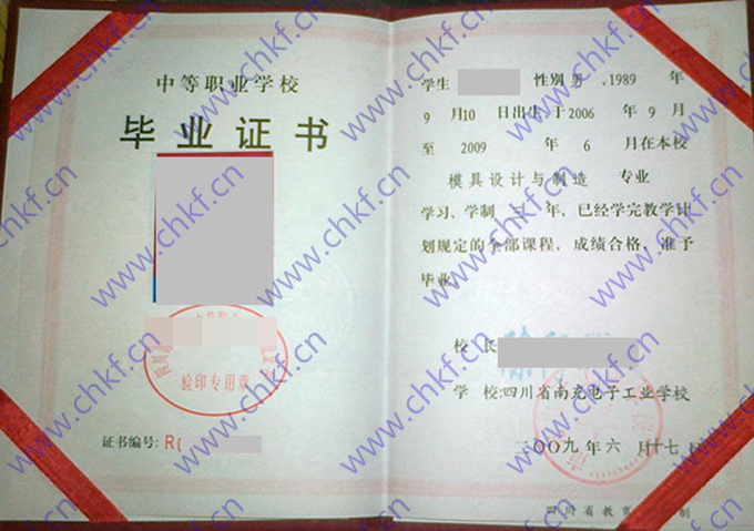 四川省南充电子工业学校2009年中专毕业证样本图