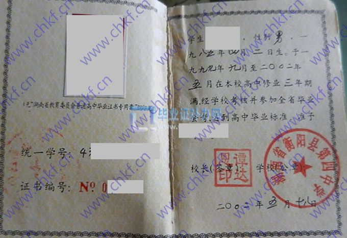 湖南省衡阳县第四中学2002年高中毕业证样本