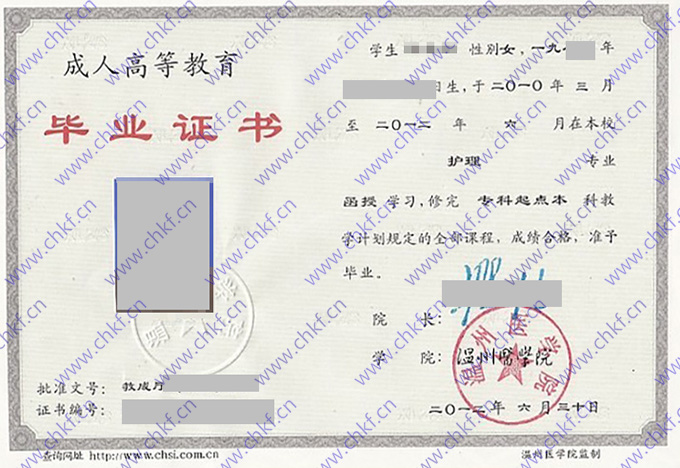 温州医学院毕业证样本